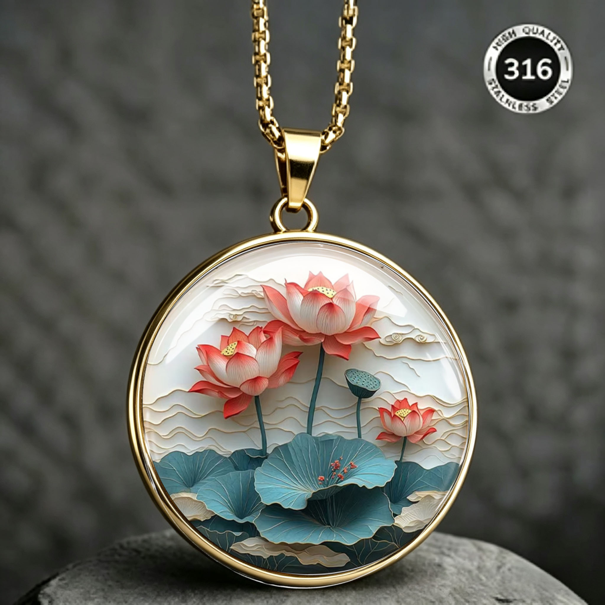 2D Flat Lotus Pattern Stainless Steel Necklace